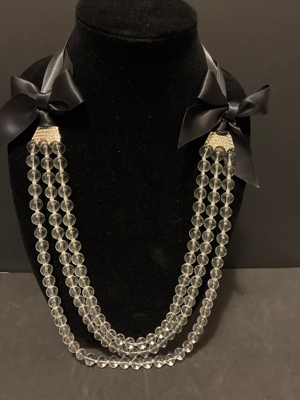 Vintage Glass Bead Necklace With Rhinestones And Bows